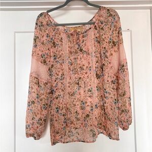 Princess Vera Wang Blush Pink Floral Sheer Boho Top W/ Lace & Tie Neck- Size XL